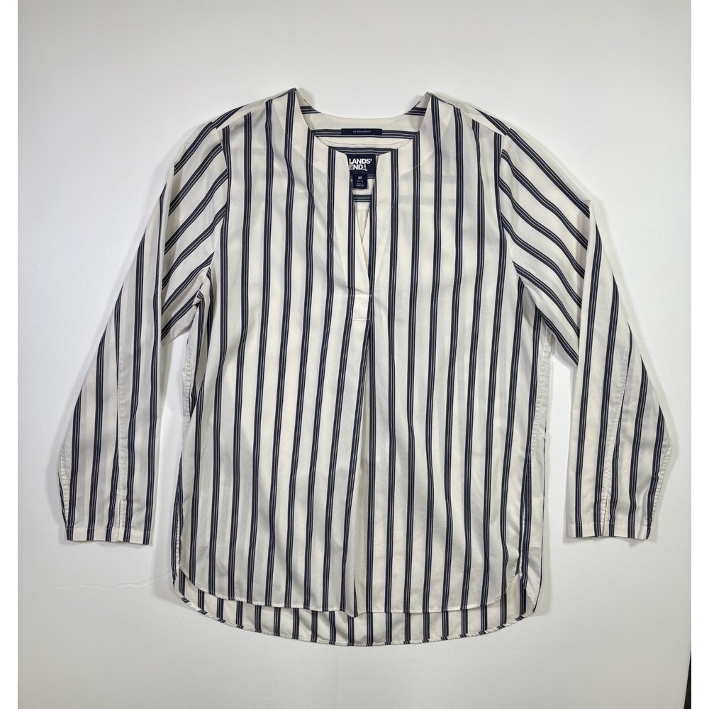 Lands' End White Tunic with Black Vertical Stripes